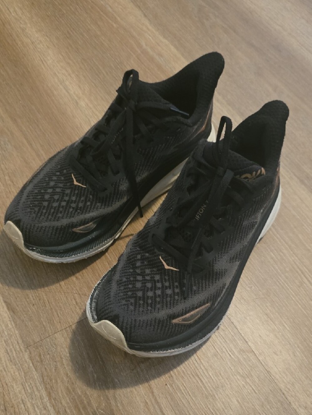 Hoka Clipton 9 Women's Black Running Sneakers with Subtle Rose-Gold Accents